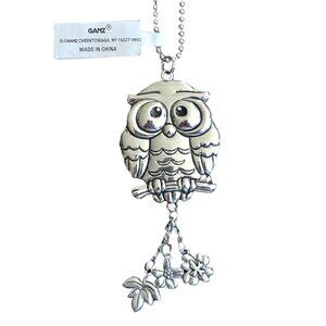 Ganz Silver Tone Owl Car Charm w/ Floral Accents Rear View Mirror Accessory 7"